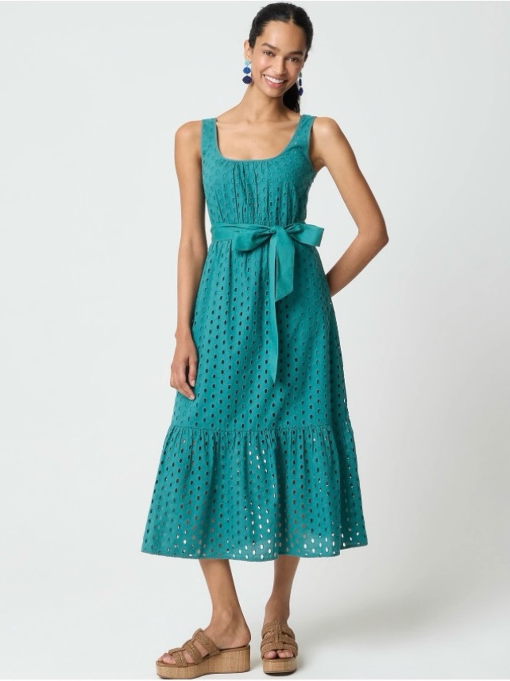 NWT J. Crew Eyelet Belted Midi Dress Vivid Jade Green